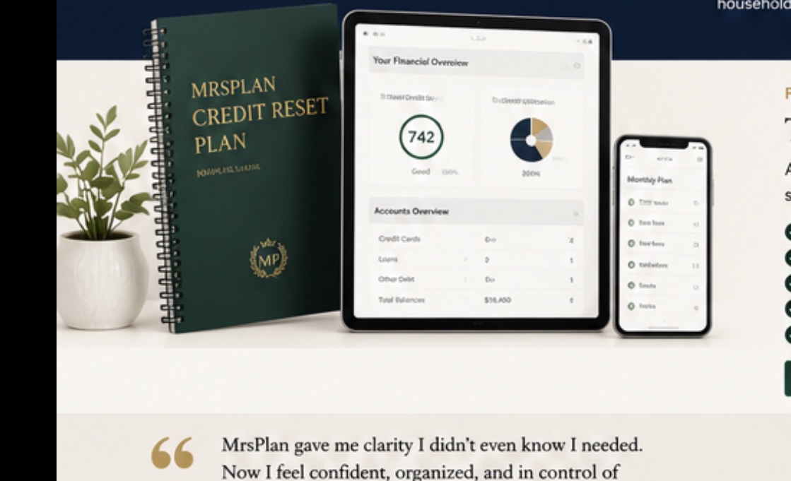 MrsPlan Credit Reset Plan — notebook, tablet and phone