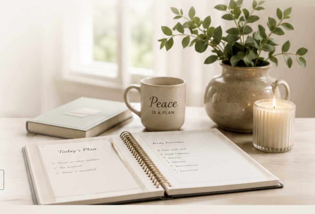Open planner on desk with Peace mug, plant and candle
